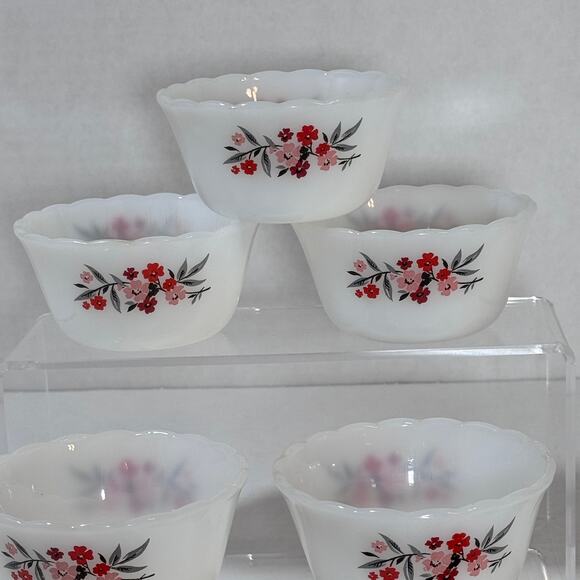Anchor Hocking Fire King Prime Rose Custard Cups / Bowls Set of 7 Excellent Cond - Picture 2 of 9